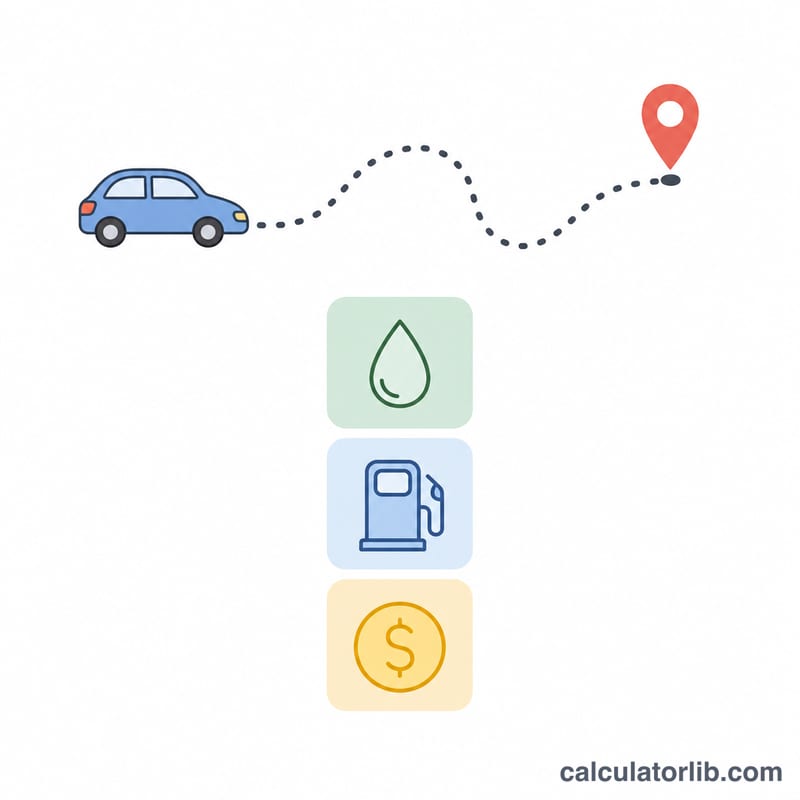 Flat illustration of a car driving a route with fuel gauge and cost breakdown