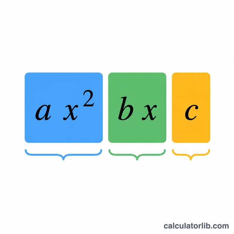 Quadratic formula broken into three colored terms: a x squared, b x, and c