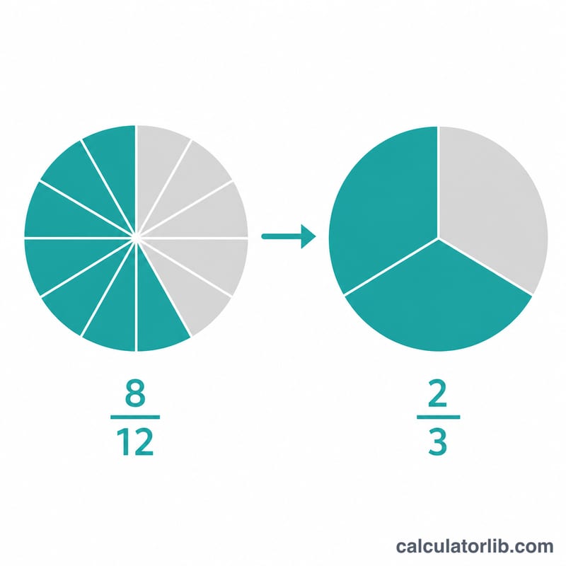 Worked example reducing eight twelfths to two thirds using GCD of four