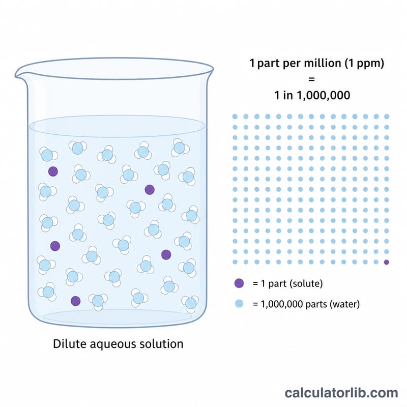 Beaker showing a few solute particles representing parts per million