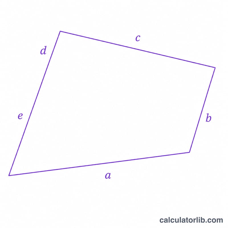 Irregular polygon with five sides of different lengths labeled a through e