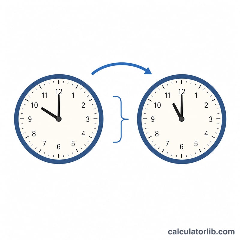 Two clocks showing different times with a bracket marking the hour difference