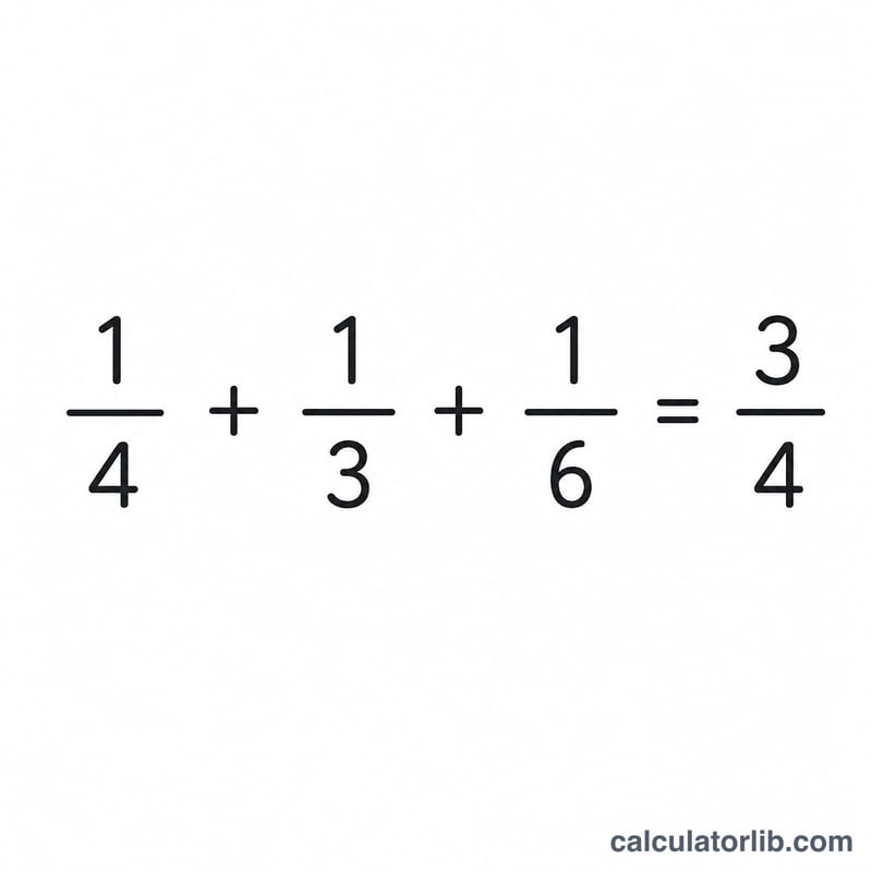 Three fractions being added by finding a common denominator