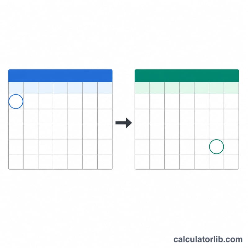 Two calendar month grids with start day highlighted and result day 30 days later highlighted