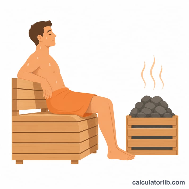 Người ngồi trên ghế gỗ trong phòng xông hơi với những giọt mồ hôi và nguồn nhiệt