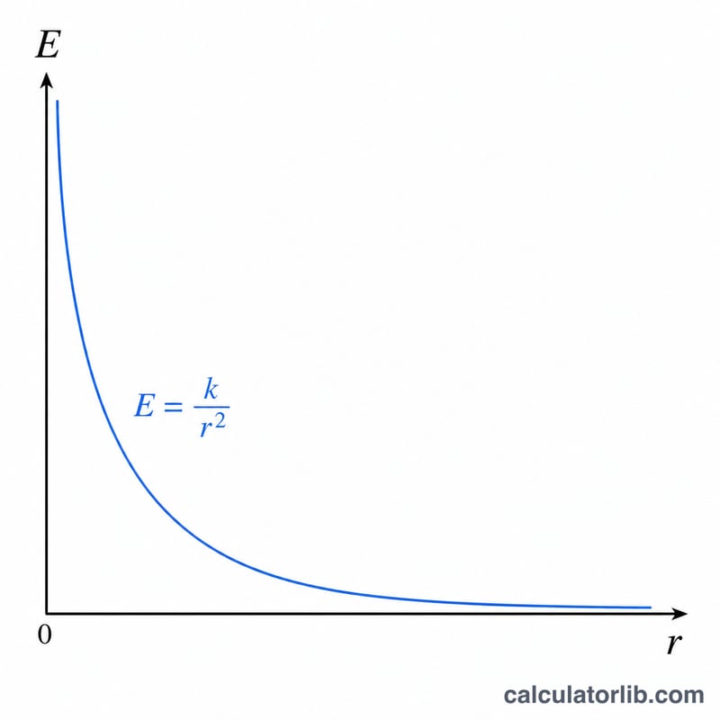 Graph of electric field strength E decreasing with distance r following an inverse-square curve