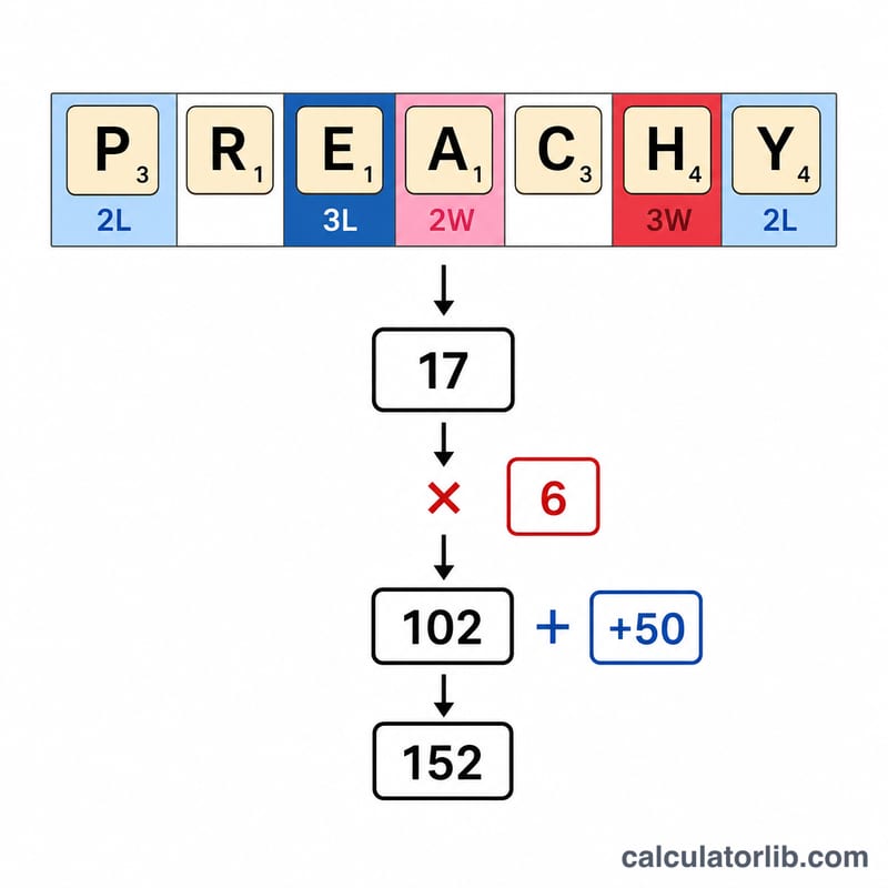 Diagram showing a word placed on premium squares with multipliers and bingo bonus