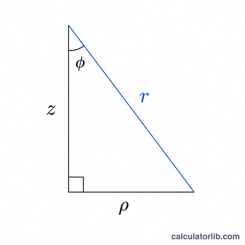 Right triangle relating rho, z, r and angle phi