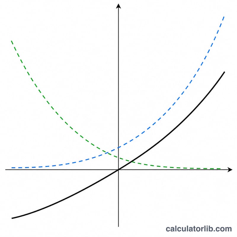 Diagram showing sinh built from e to the x and e to the minus x curves