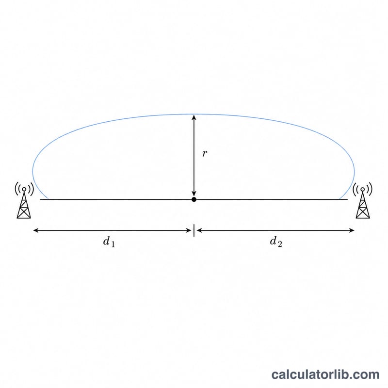 Diagram showing distances d1 and d2 from antennas to a point and the zone radius r