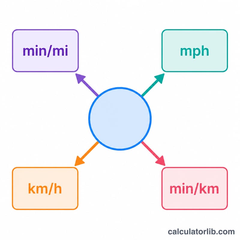 Conversion wheel linking min/mile, mph, km/h, and min/km
