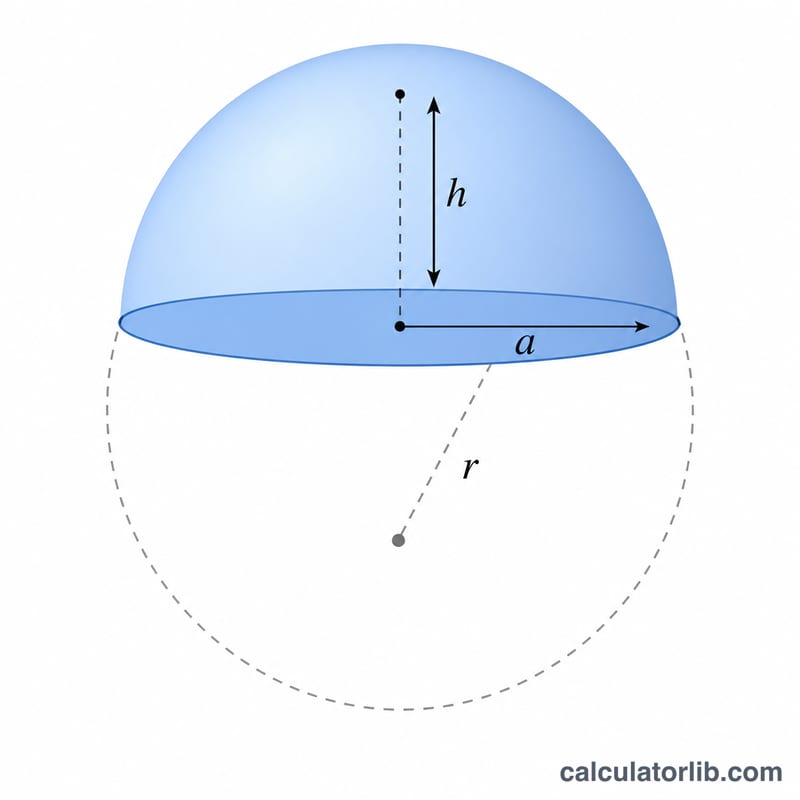Spherical cap showing the curved surface, flat circular base and key dimensions