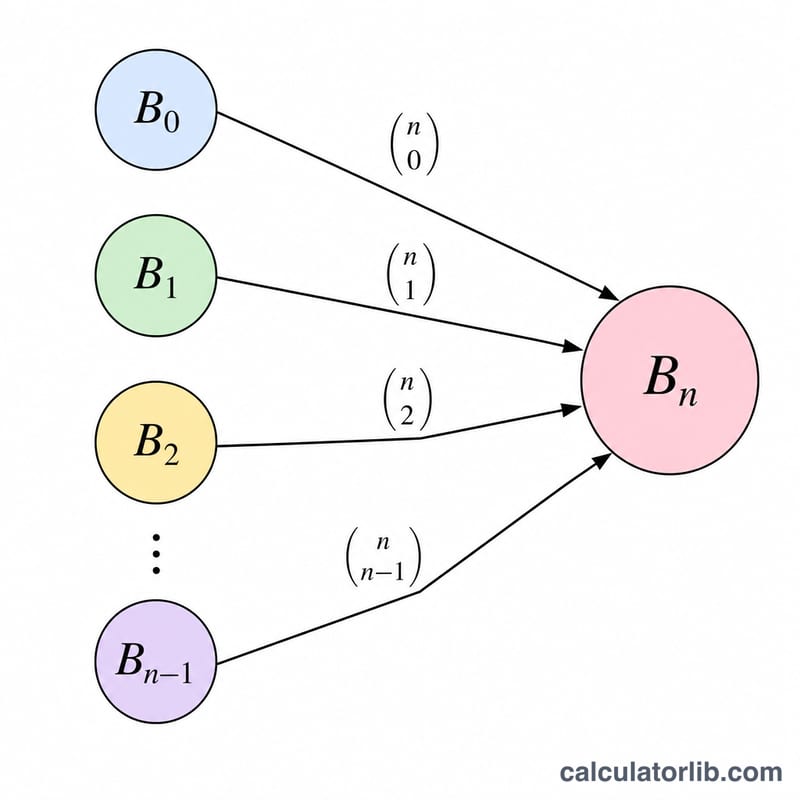 Flat diagram of the recursive sum formula showing binomial coefficients combining earlier Bernoulli numbers