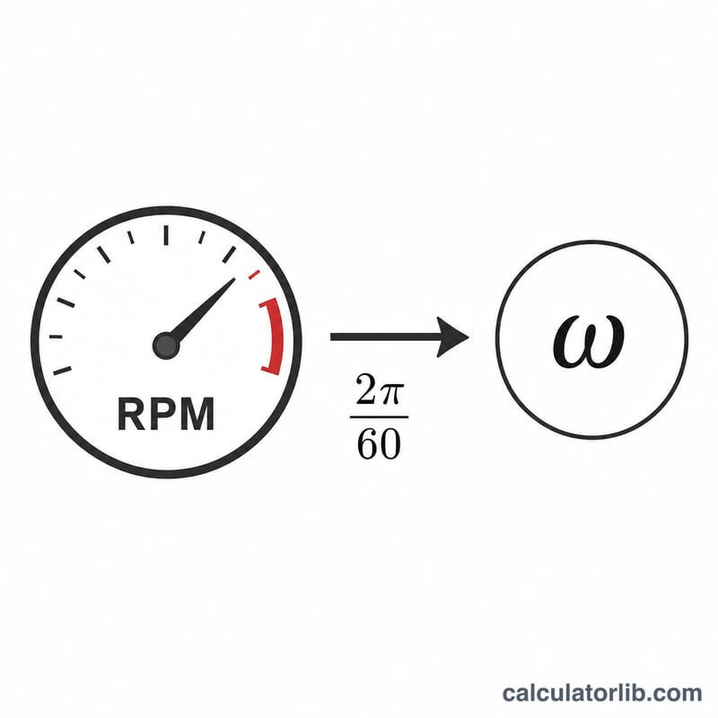 Diagram converting RPM to angular velocity omega using 2 pi over 60