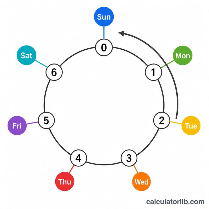 Circular modulo 7 wheel mapping remainder values 0 to 6 to weekdays