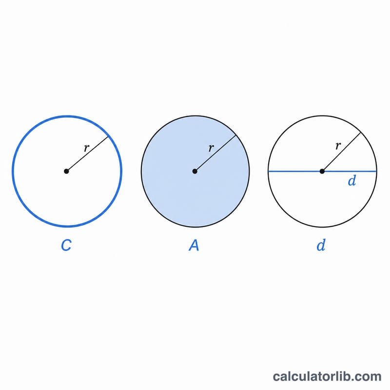 Three small circle diagrams showing radius derived from circumference, area, and diameter
