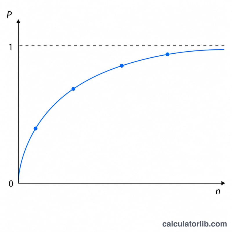 Curve showing probability of at least one success rising toward 1 as number of trials n increases
