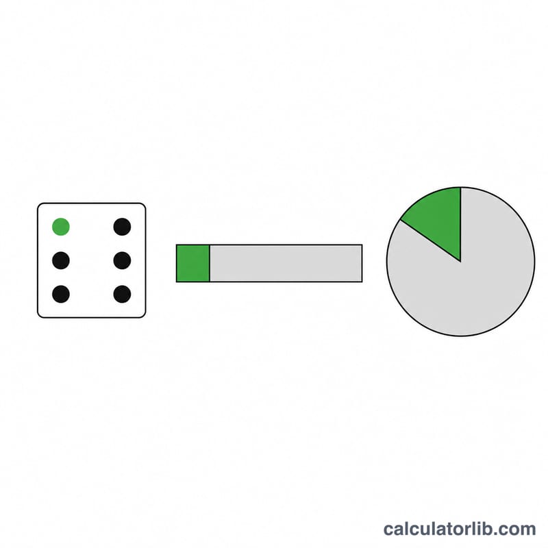 Die with one favorable face shown alongside a proportion bar and pie chart