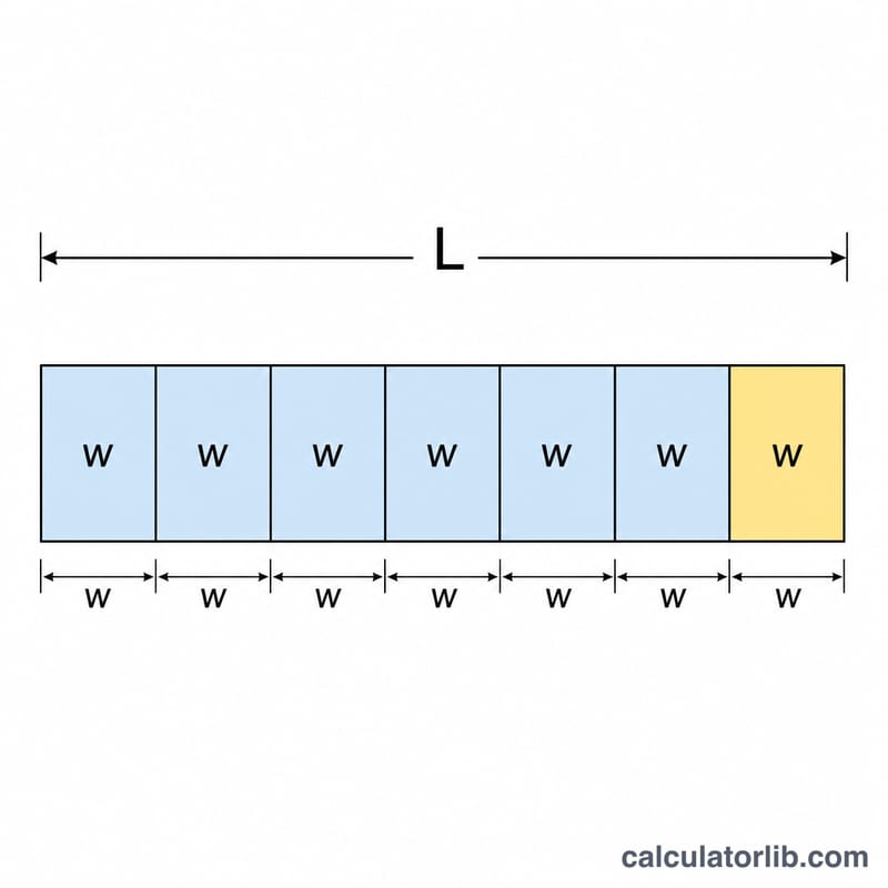 Worked example showing total length divided by panel width rounded up to whole panels