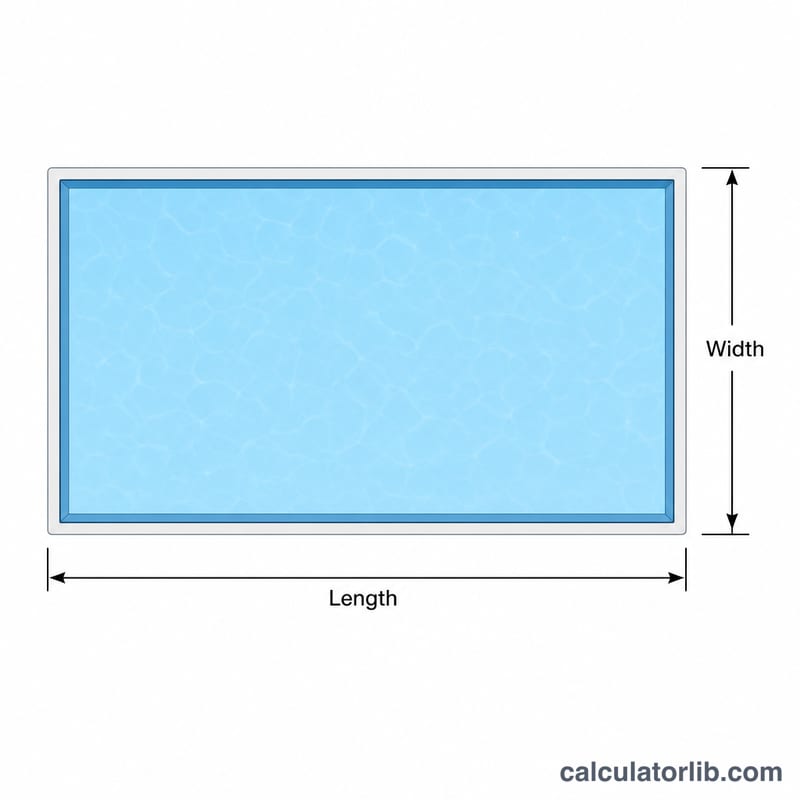 Rectangular pool with shaded water surface and dimension arrows for a worked example
