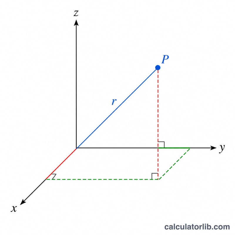 Diagram showing how a spherical point projects to x, y, z components on the Cartesian axes
