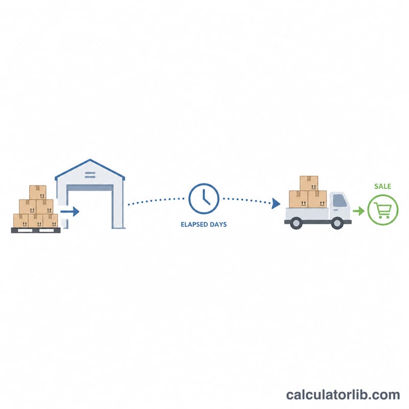 Flat timeline showing inventory entering a warehouse and being sold after a number of days