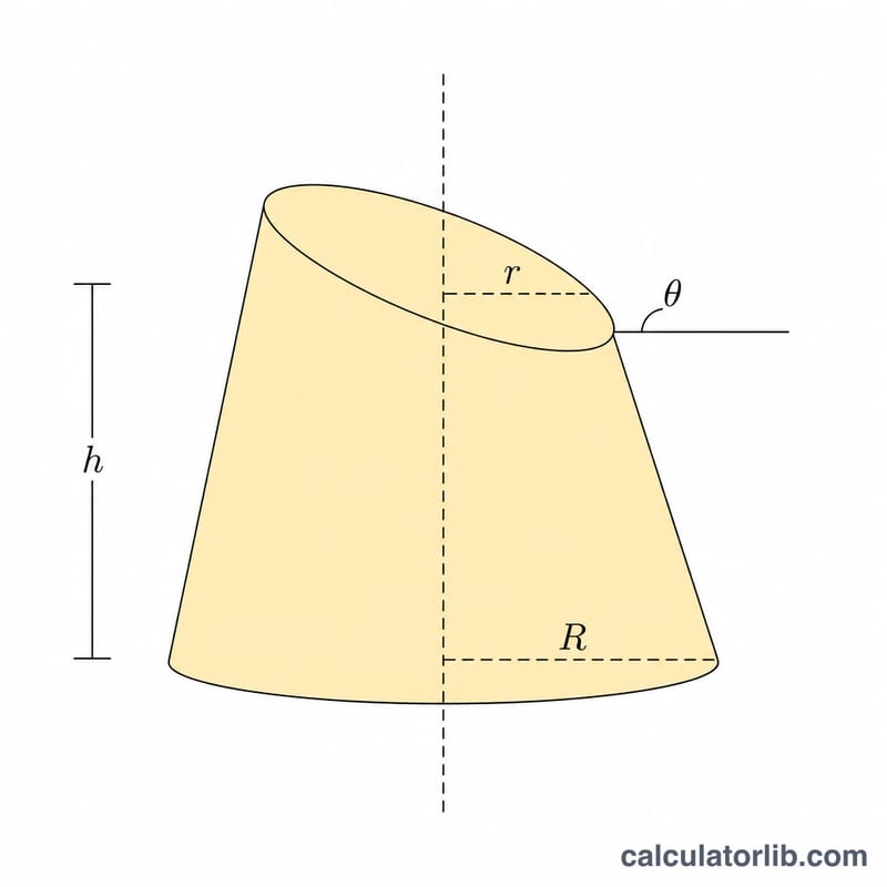 Cross-section of obliquely cut cone labeling base radius R, top radius r, mean height and tilt angle theta
