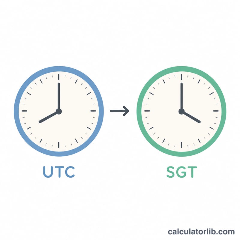 Two clocks comparing UTC and SGT eight hours apart