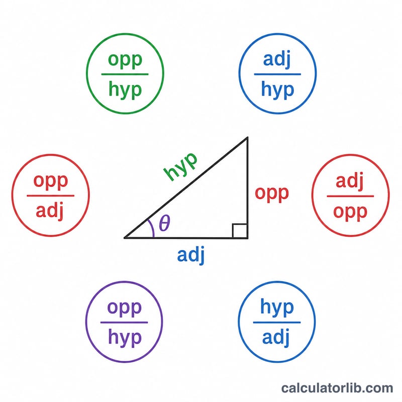 Diagram showing the six trig ratios as fractions of triangle sides
