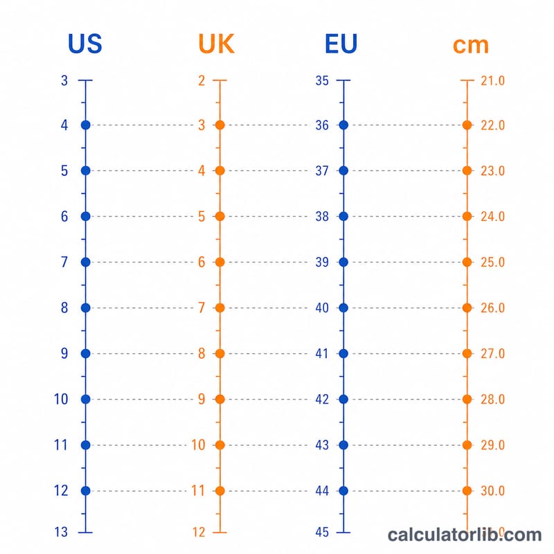 Four parallel size scales for US, UK, EU and CM aligned by equivalent points