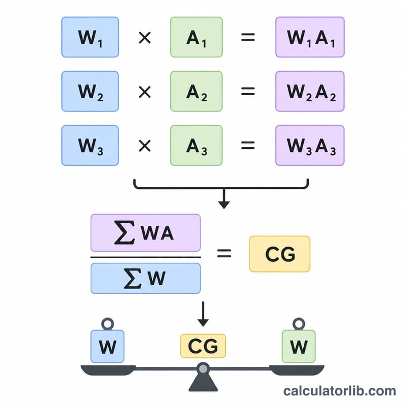 Diagram showing weight times arm equals moment for each station, then total moment divided by total weight equals the center of gravity
