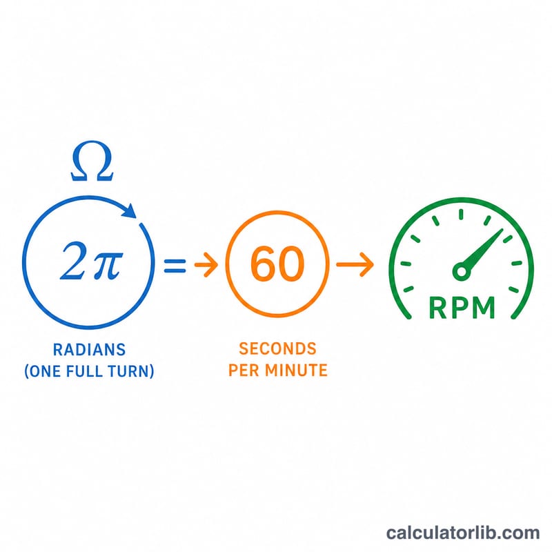 2πと60を使って毎秒ラジアンをRPMに換算する視覚的な解説
