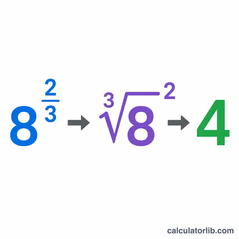 Worked example showing 8 to the two-thirds equals cube root of 8 squared equals 4