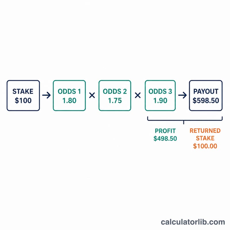 Stake multiplied by each leg's odds resulting in total payout and profit