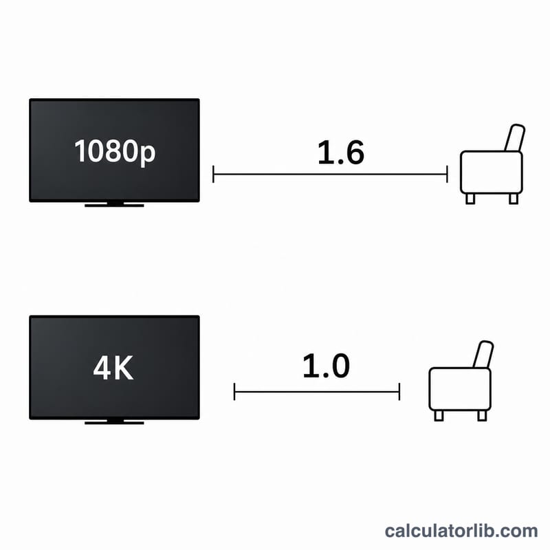 Comparison of recommended distances for 1080p versus 4K with factors 1.6 and 1.0