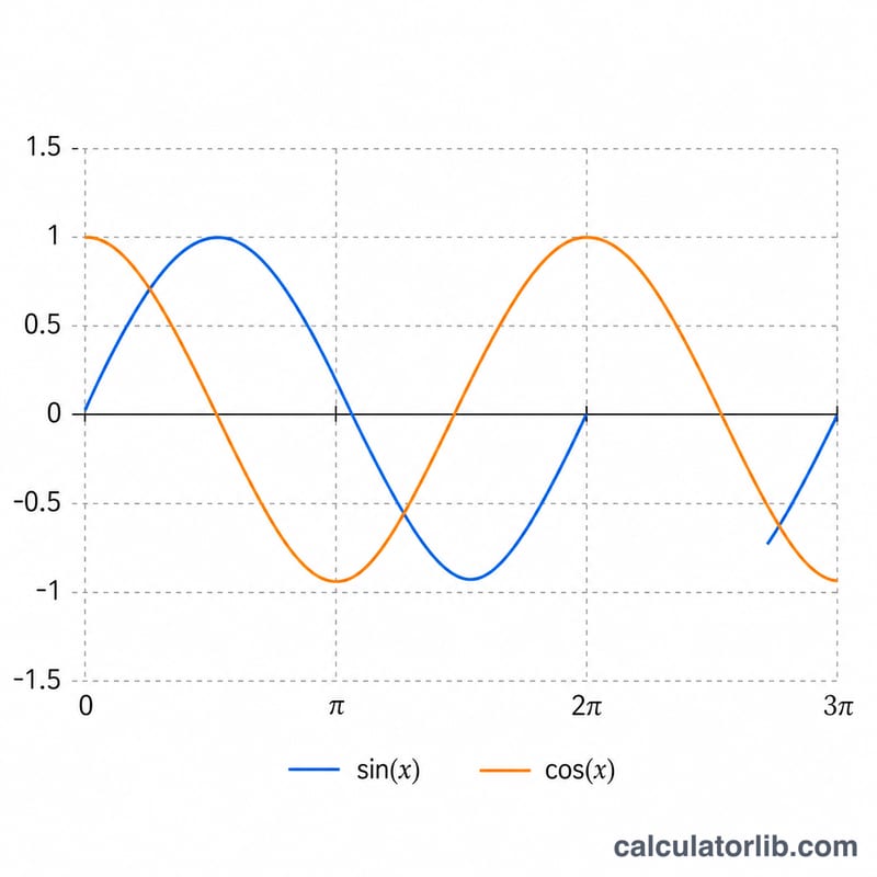 Sine and cosine wave graphs marked at multiples of pi