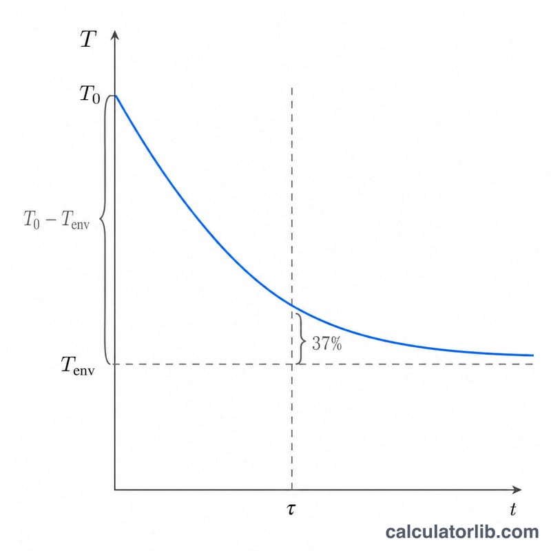 Diagram showing the thermal time constant tau where the temperature gap drops to 37 percent