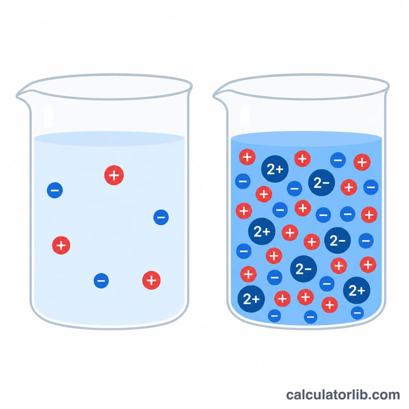 Comparison of a dilute solution with few ions versus a concentrated solution with many ions.