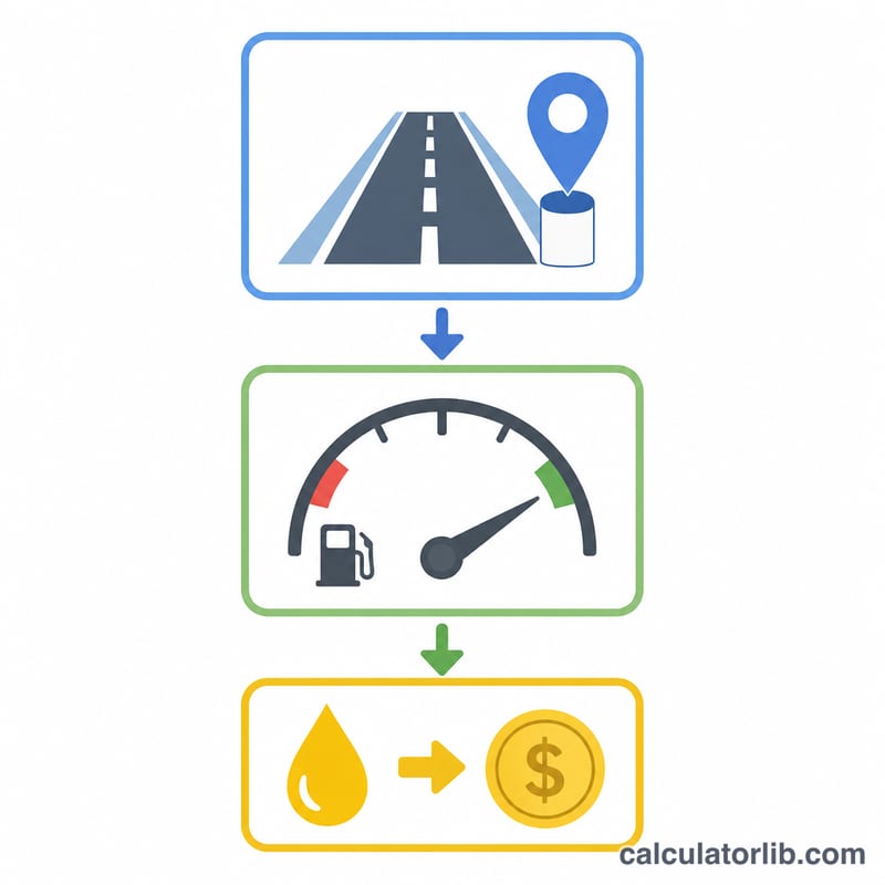 Worked example showing distance and fuel economy combining into fuel amount and cost