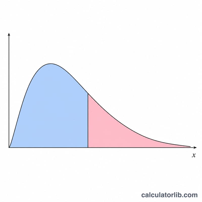 Chi-squared curve with shaded left and right tail areas at a value x