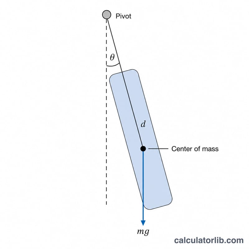 Labeled diagram showing pivot, distance d to center of mass, gravity arrow, and swing angle