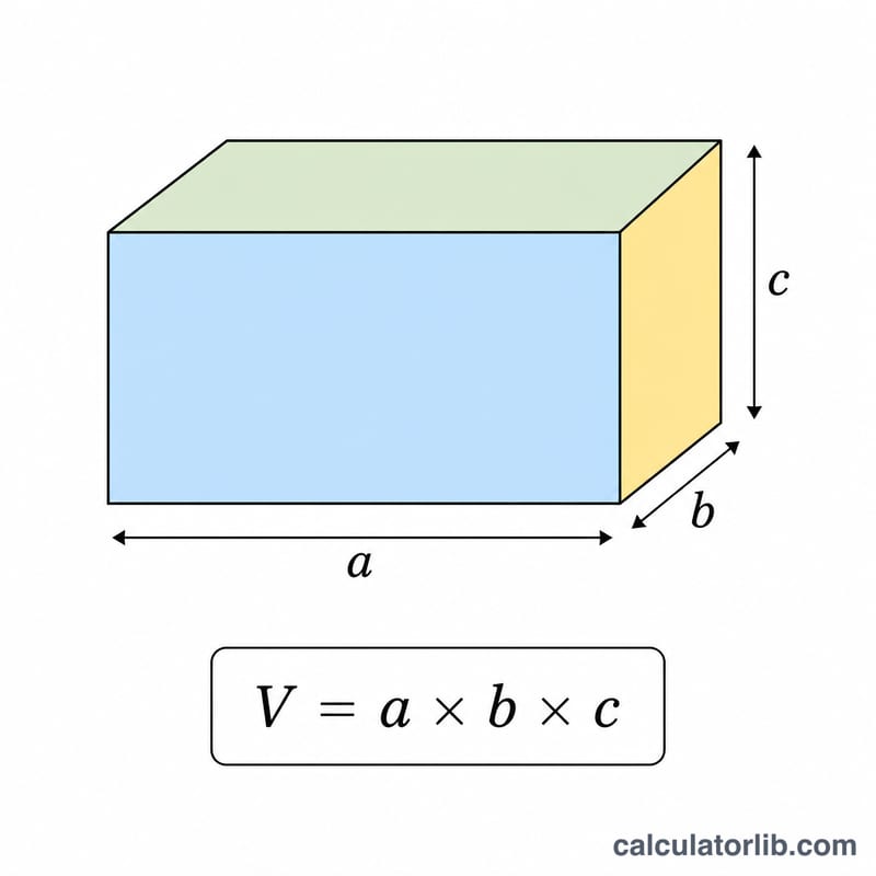 Rectangular box with edges a, b and c illustrating a three-factor product as volume