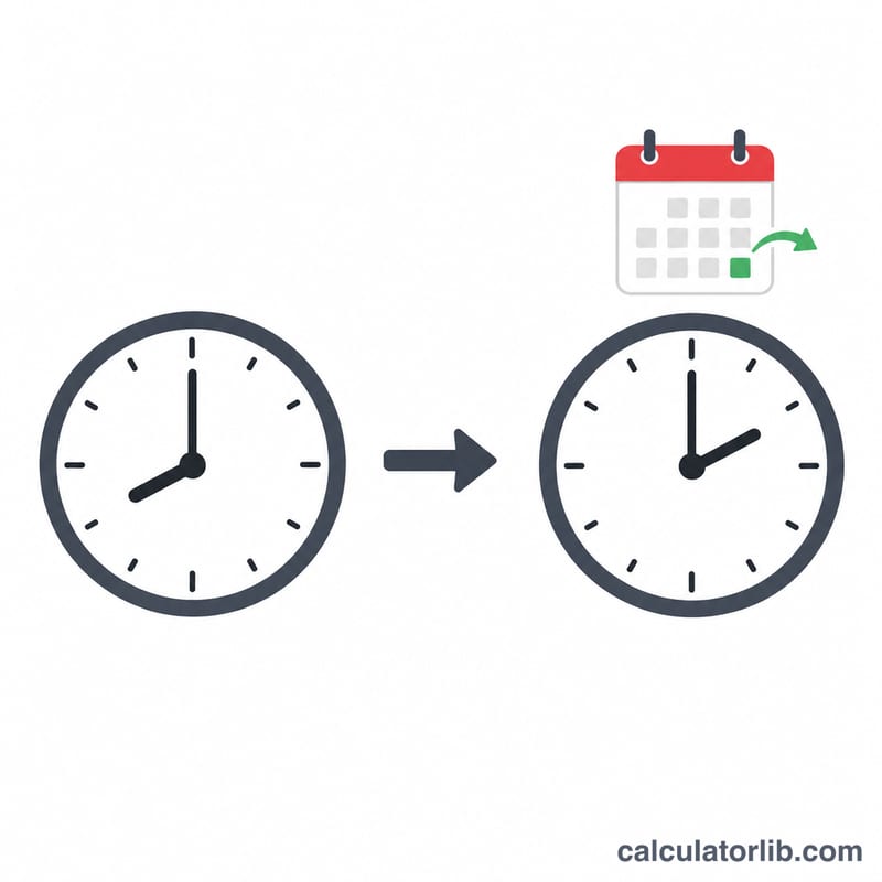 Two clocks with an arrow showing time advancing and a day carry indicator