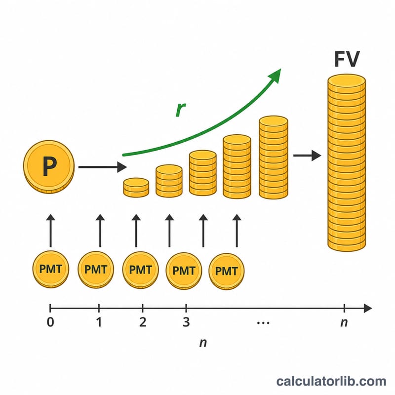 Diagram linking initial deposit, regular contributions, rate and term to future value