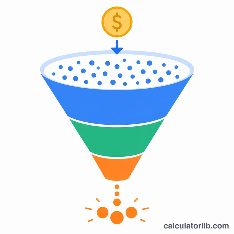 Marketing funnel narrowing from many clicks to few conversions with ad spend entering at top