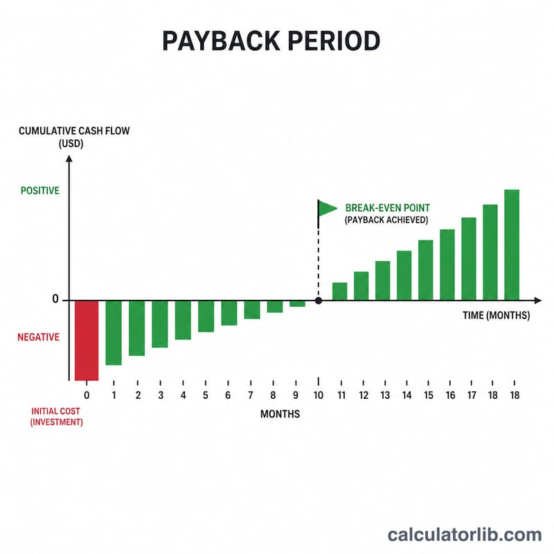 Timeline showing cumulative savings rising to cross the initial cost at a break-even point