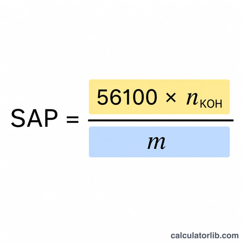 Formula breakdown showing SAP equals 56100 times moles KOH divided by fat mass