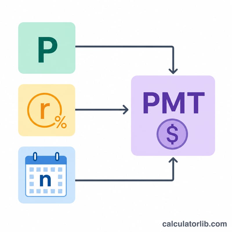 Flat diagram of the amortizing loan payment formula components: principal P, monthly rate r, number of payments n