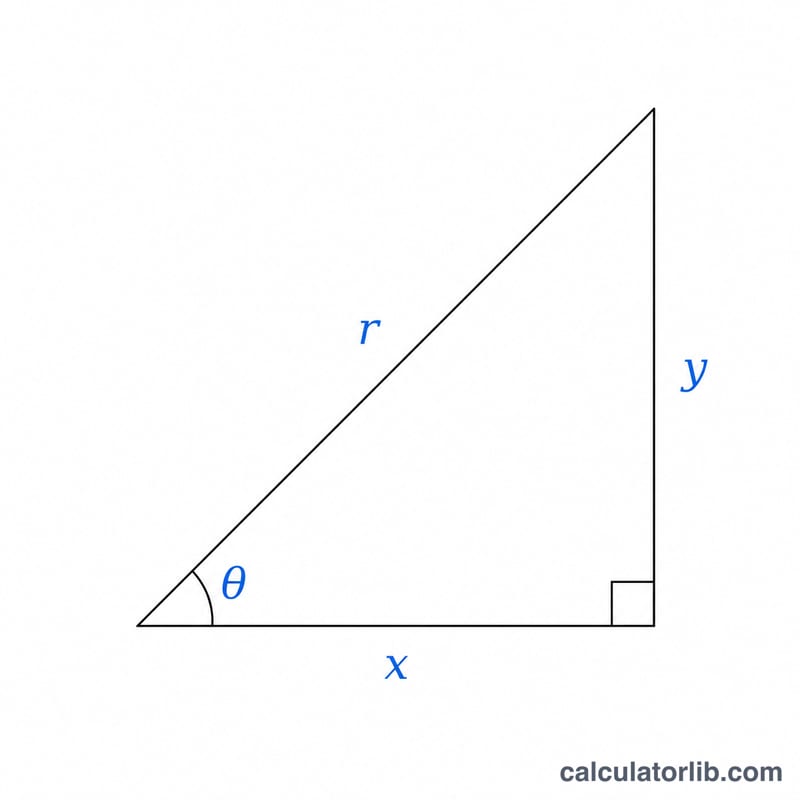 Right triangle showing trigonometric relationship between r, theta, x and y