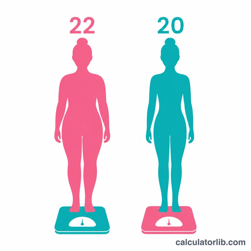 Two body silhouettes comparing BMI 22 ideal weight and BMI 20 beauty weight